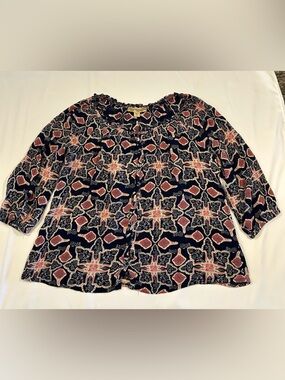 Vintage America Navy Printed Peasant Blouse with Rust Accents